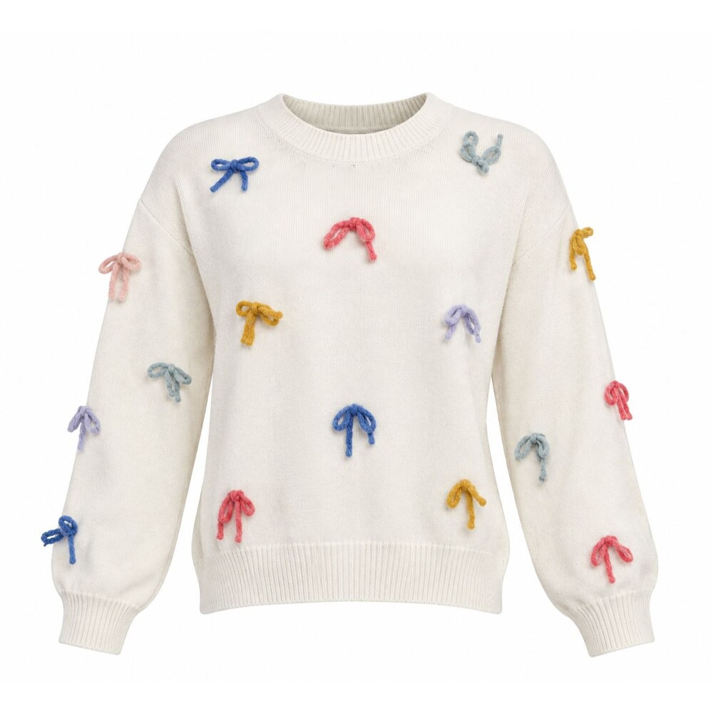 Luna Ivy Ivory Knit Sweater Women’s Size L Colorful Yarn Bow Details
